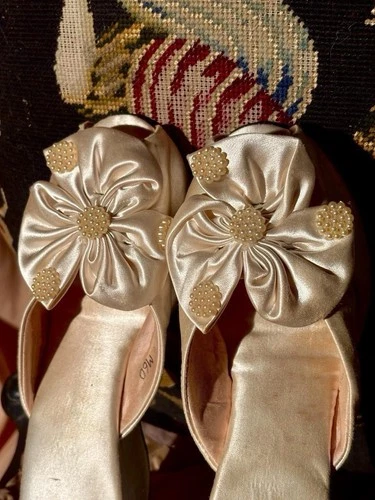1940s/50s Ivory Satin Pearl Peep-Toe Bridal Boudoir Slippers, Size 5-5.5 Narrow