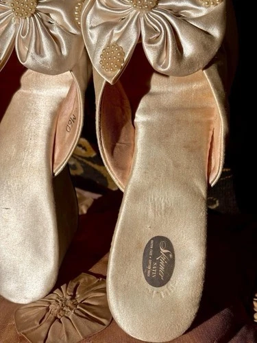 1940s/50s Ivory Satin Pearl Peep-Toe Bridal Boudoir Slippers, Size 5-5.5 Narrow
