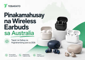 Iba’t ibang wireless earbuds at charging case sa harap ng mapa ng Australia, para sa gabay sa paghahambing ng Tebarato sa 2026.
