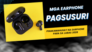 Itim na wireless earphone at lalagyang pang-charge sa dilaw na likuran na may pamagat ng pagsusuri sa Filipino.