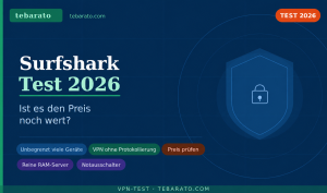 Surfshark-Testgrafik mit Schutzschild und Schloss sowie Hinweisen zu Geräten, Datenschutz, Preisen, RAM-Servern und Notausschalter.