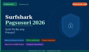 Larawan ng pagsusuri sa Surfshark na may kalasag at kandado at mga katangiang pangseguridad na nakasulat sa Filipino.