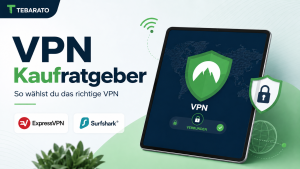 Deutsche VPN-Kaufberatung mit einem verbundenen Gerät, Schutzschild sowie ExpressVPN- und Surfshark-Logos.
