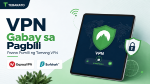 Gabay sa pagpili ng VPN sa Filipino na may nakakonektang aparato, kalasag, at mga logo ng ExpressVPN at Surfshark.